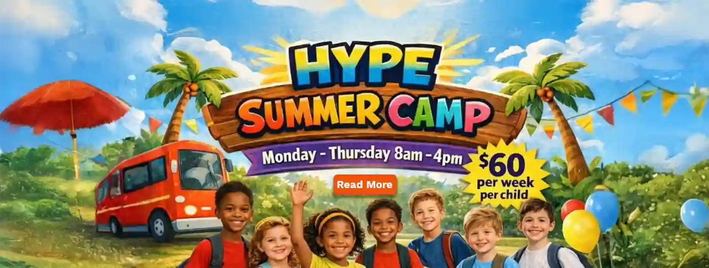 colorful banner with children to advertise the H.Y.P.E. Summer Cammp