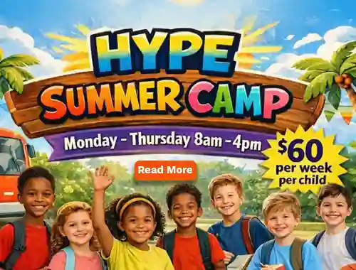 colorful banner with children to advertise the H.Y.P.E. Summer Cammp